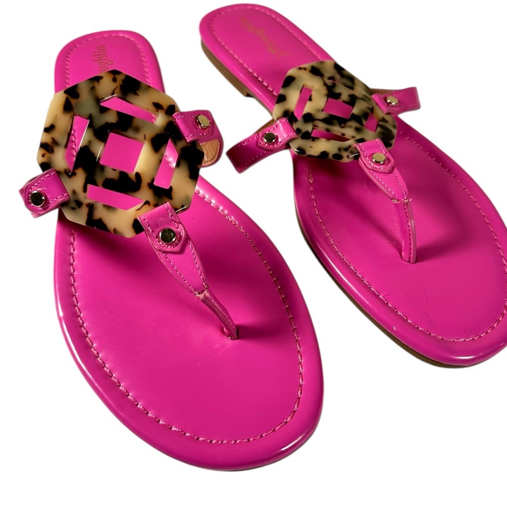 NWT J. McLaughlin Lucy Thong Pink Leather Sandals with Tortoise Shell Medallion - Picture 8 of 11
